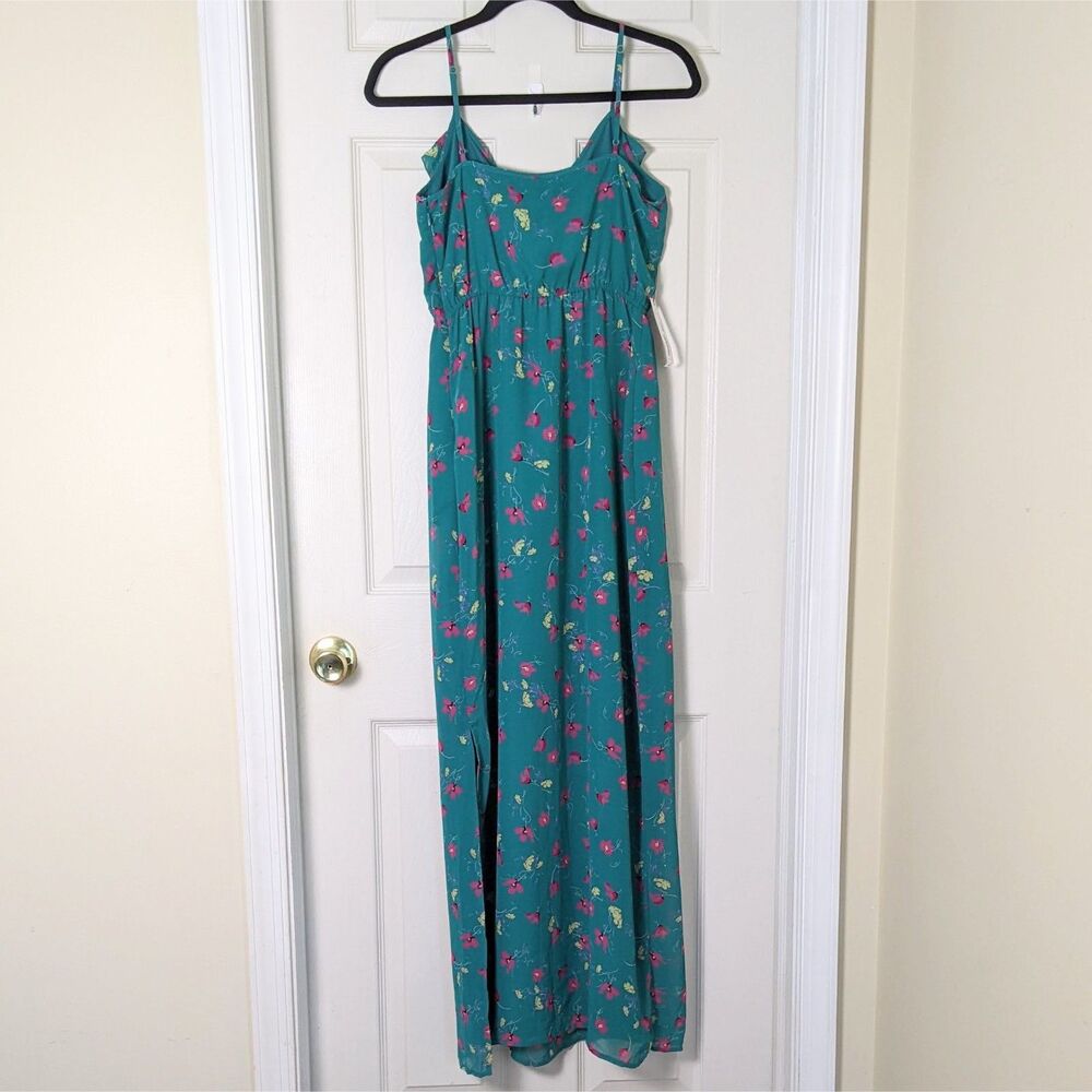 NWT Romantic Floral Maxi Dress Teal | Cottagecore Boho Sundress Pockets Slit - Picture 11 of 15